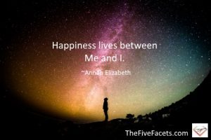 Happiness Lives Between Me and I quote on photo of man on universe